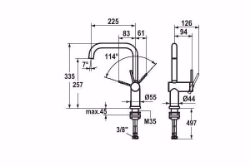 Picture of KWC LIVELLO Küche edelstahl A 225 Hebelmischer Schwenkauslauf 160° Neoperl Caché OptimalSpace, stahl, wegnehmb.,seitenbedient, flex-PEX 3/8", Art.Nr. : 10.231.043.700FL