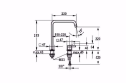 Picture of KWC ERA Küche edelstahl A 220 Hebelmischer Schwenkauslauf 150° oder 360° Neoperl Perlator lam, Stahl, flex-PEX 3/8", A220, L-Auslauf, Art.Nr. : 10.392.022.700FL