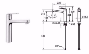 Picture of KWC DOMO , 6.0 Küche chromeline A 225 Hebelmischer Schwenkauslauf 150° Neoperl® Cascade® SLC Opt, chromeline, flex-PEX 3/8", Art.Nr. : 10.661.023.000FL
