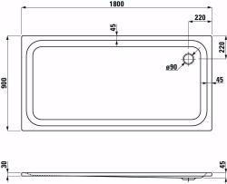 Picture of Laufen PLATINA - Duschwanne, rechteckig, Stahl emailliert (3,5 mm), flach (45 mm), 000 weiss, mit Schallschutz, 1800 x 900 x 45, Art.Nr. : H2150370000411