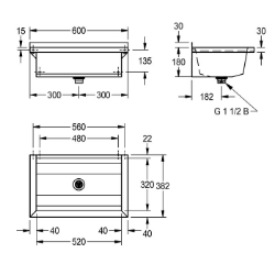 Bild von KWC PLANOX PL6 Waschrinne Spritzschutzhöhe:30 mm, Becken: Höhe:180 mm, Becken: Tiefe:320 mm, Art.Nr. : 2030043777